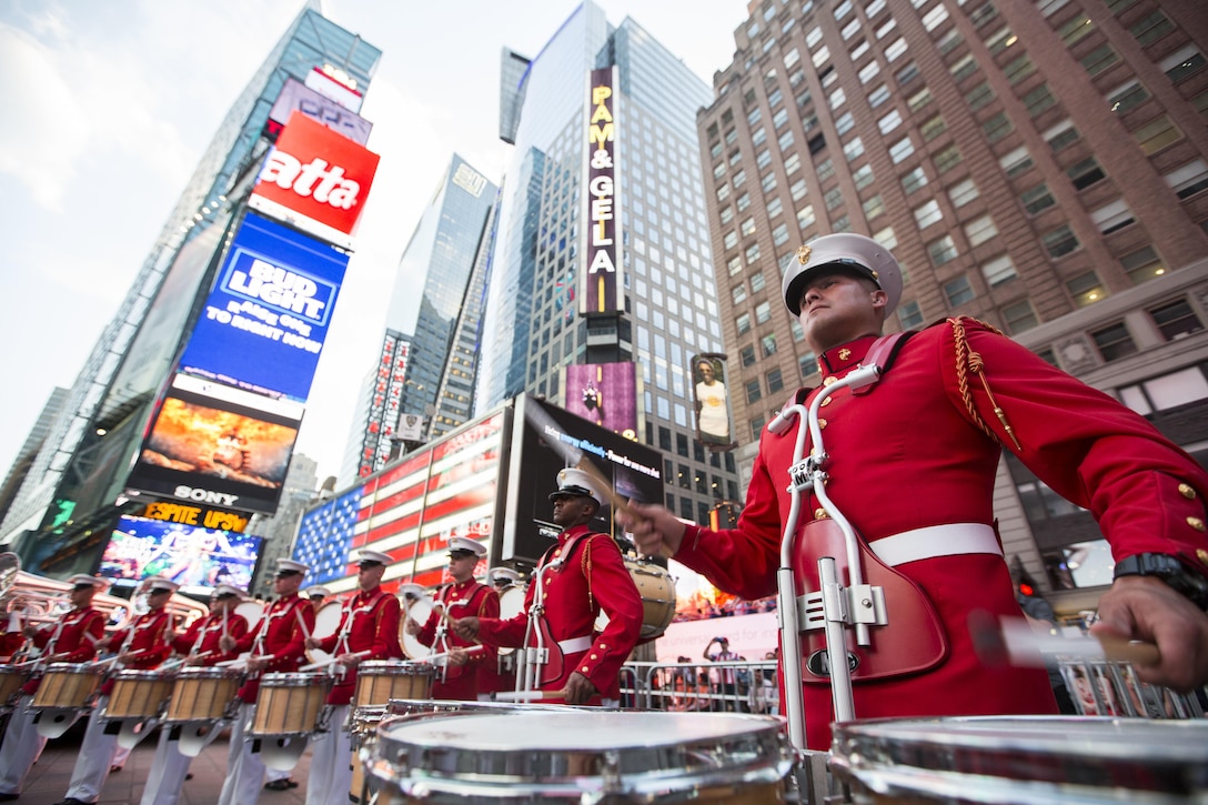 U.S. Marine Cpl. Justin Arenas, a percussionist with The Commandant’s Own, performs at Times Square in New York during Fleet Week, May 28, 2016. Marines, sailors and Coast Guardsmen are in New York to interact with the public, demonstrate capabilities and teach the people of New York about America’s sea services. (U.S. Marine Corps photo by Cpl. Todd F. Michalek/Released)