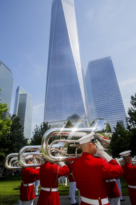 The Commandant's Own performs at the 9/11 Memorial in New York, May 29, 2016. U.S. Marines, sailors and Coast Guardsmen are in New York to interact with the public, demonstrate capabilities and teach the people of New York about America's sea services. (U.S. Marine Corps Photo by Sgt. Rebecca L. Floto, 2D MARDIV Combat Camera/Released)