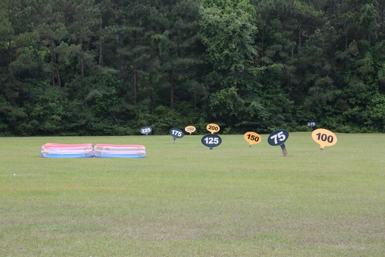 A target is set up on a driving range aboard Marine Corps Air Station Beaufort May 18. Marines are participating in Stroke of Luck, a contest put together by Marine Corps Community Services for a chance to win a free round of golf at the Legends Golf Course aboard Marine Corps Recruit Depot Parris Island. Participants are given four white balls to aim in on the target, and one yellow ball to make the lucky shot. 