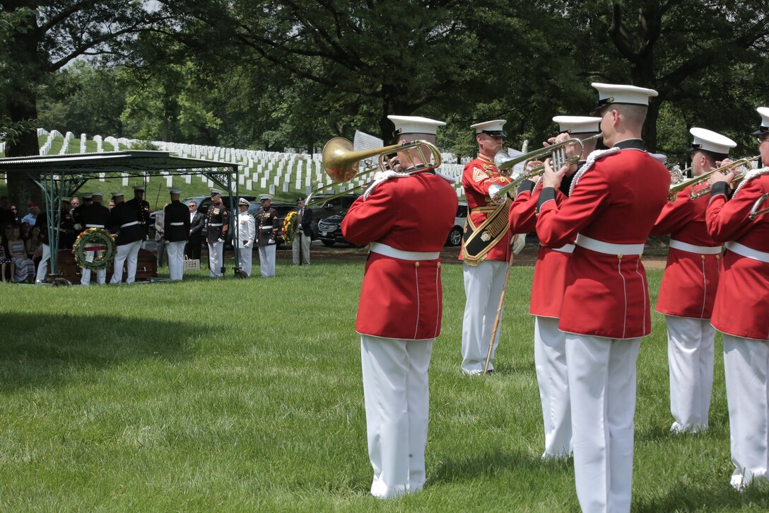 On May 31, 2016, the Marine Band, led by Drum Major Master Sgt. Duane King, participated in the funeral for World War II casualty Pfc. James Johnson, USMC. Pfc. Johnson was killed in action on Nov. 20, 1943 during the Battle of Tarawa in the central Pacific Ocean. In June 2015 History Flight, a private organization, excavated what was believed to be a wartime fighting position on the island of Betio. During this excavation History Flight recovered 35 sets of remains. The Joint POW/MIA Accounting Command used used Y-Short Tandem Repeat DNA analysis, which matched a nephew; laboratory analysis, including dental analysis, chest radiograph comparison, and anthropological comparison, which matched Johnson’s records; as well as circumstantial and material evidence to identify Pfc. Johnson. His remains were returned to the United States and buried at Arlington National Cemetery's Section 60 with military honors. (U.S. Marine Corps photo by Master Sgt. Kristin duBois/released)