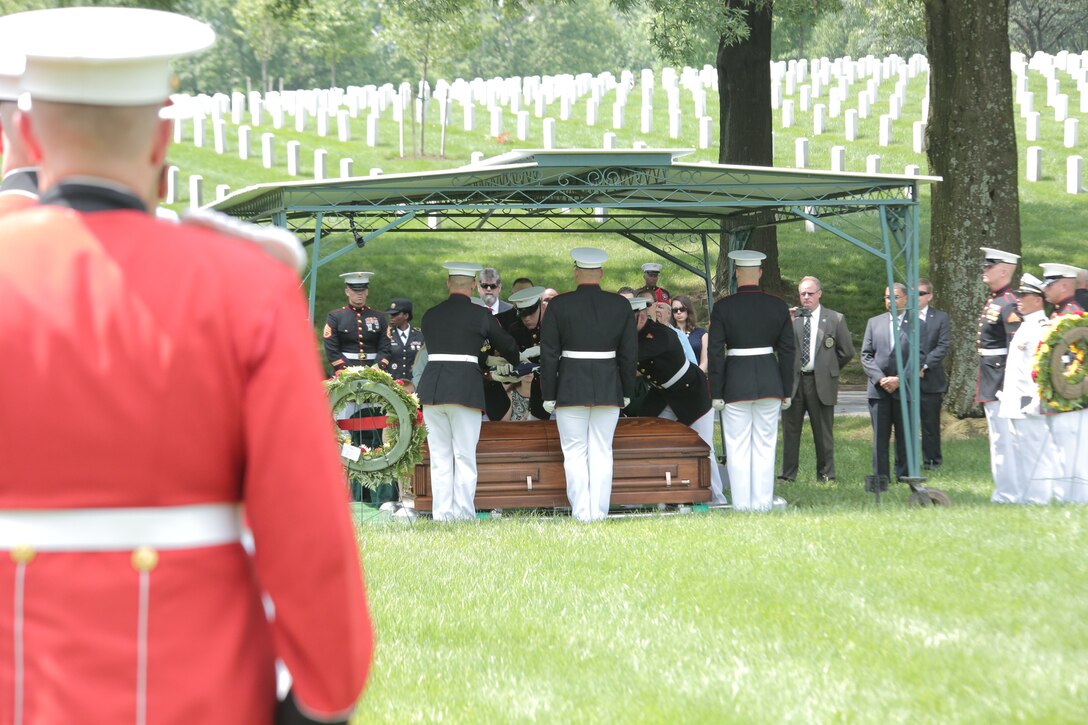 On May 31, 2016, the Marine Band, led by Drum Major Master Sgt. Duane King, participated in the funeral for World War II casualty Pfc. James Johnson, USMC. Pfc. Johnson was killed in action on Nov. 20, 1943 during the Battle of Tarawa in the central Pacific Ocean. In June 2015 History Flight, a private organization, excavated what was believed to be a wartime fighting position on the island of Betio. During this excavation History Flight recovered 35 sets of remains. The Joint POW/MIA Accounting Command used used Y-Short Tandem Repeat DNA analysis, which matched a nephew; laboratory analysis, including dental analysis, chest radiograph comparison, and anthropological comparison, which matched Johnson’s records; as well as circumstantial and material evidence to identify Pfc. Johnson. His remains were returned to the United States and buried at Arlington National Cemetery's Section 60 with military honors. (U.S. Marine Corps photo by Master Sgt. Kristin duBois/released)