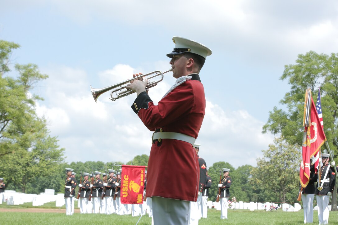 On May 31, 2016, the Marine Band, led by Drum Major Master Sgt. Duane King, participated in the funeral for World War II casualty Pfc. James Johnson, USMC. Pfc. Johnson was killed in action on Nov. 20, 1943 during the Battle of Tarawa in the central Pacific Ocean. In June 2015 History Flight, a private organization, excavated what was believed to be a wartime fighting position on the island of Betio. During this excavation History Flight recovered 35 sets of remains. The Joint POW/MIA Accounting Command used used Y-Short Tandem Repeat DNA analysis, which matched a nephew; laboratory analysis, including dental analysis, chest radiograph comparison, and anthropological comparison, which matched Johnson’s records; as well as circumstantial and material evidence to identify Pfc. Johnson. His remains were returned to the United States and buried at Arlington National Cemetery's Section 60 with military honors. (U.S. Marine Corps photo by Master Sgt. Kristin duBois/released)