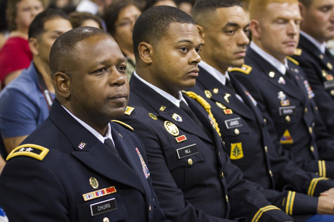 Maj. Gen. Phillip M. Churn, the commanding general for the 200th Military Police Command, attends a high school award ceremony that was held at the 83rd Military Police Company in El Paso, Texas on May 21, 2016. The ceremony recognized over 80 high school seniors for their decision to join the Army after graduation.  (U.S. Army photo by Spc. Stephanie Ramirez) 