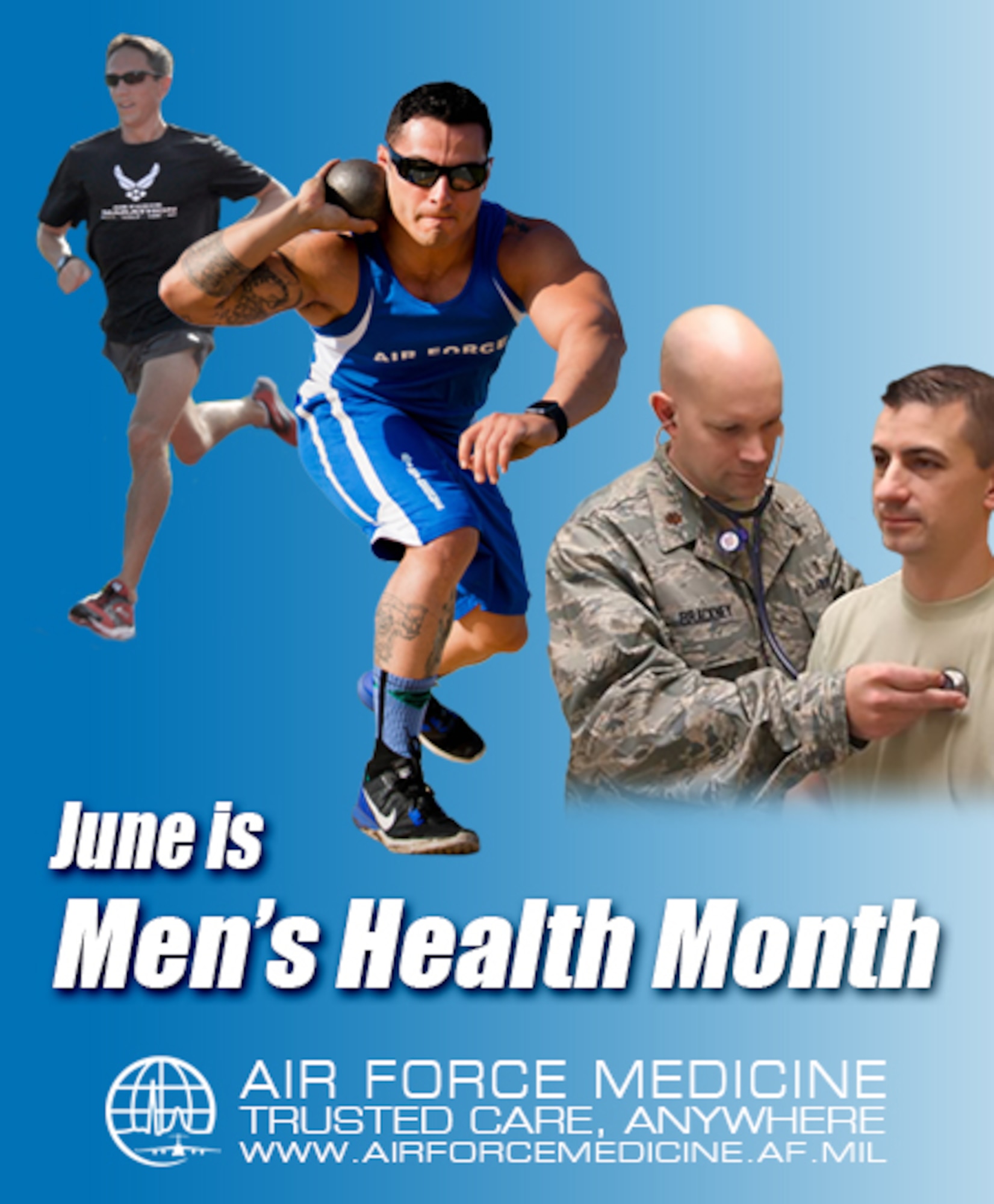 June is Men’s Health Month, an opportunity to increase awareness about health issues important to men such as prostate, testicular and colon cancers as well as issues that affect all Americans like hypertension, obesity and heart disease. To ensure medical readiness, the U.S. Air Force encourages men to monitor their blood pressure, blood sugar, cholesterol, weight and body mass index as these numbers can provide a baseline of current health and alert men to potential diseases or health risks. (U.S. Air Force graphic courtesy of U.S. Air Force Medical Service)