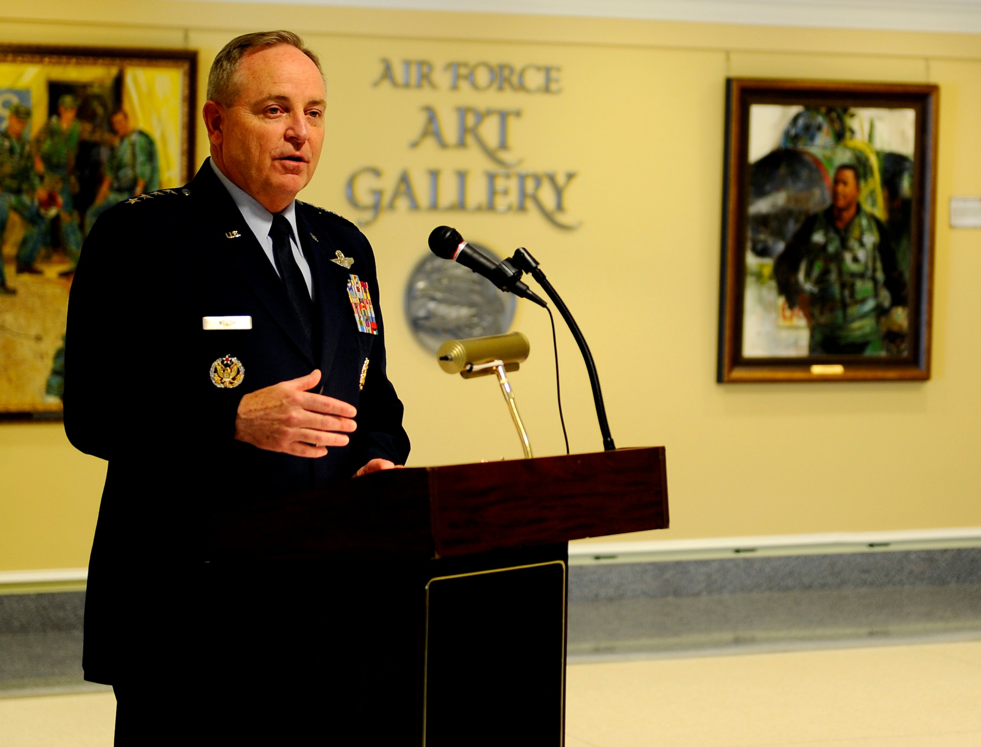 Air Force Chief of Staff Gen. Mark A. Welsh III gives remarks at the opening of the 50th commemoration of the Vietnam War art display in the Air Force Art Gallery located in the Pentagon, Washington, D.C., May 26, 2016. (U.S. Air Force photo/Staff Sgt. Carlin Leslie) 