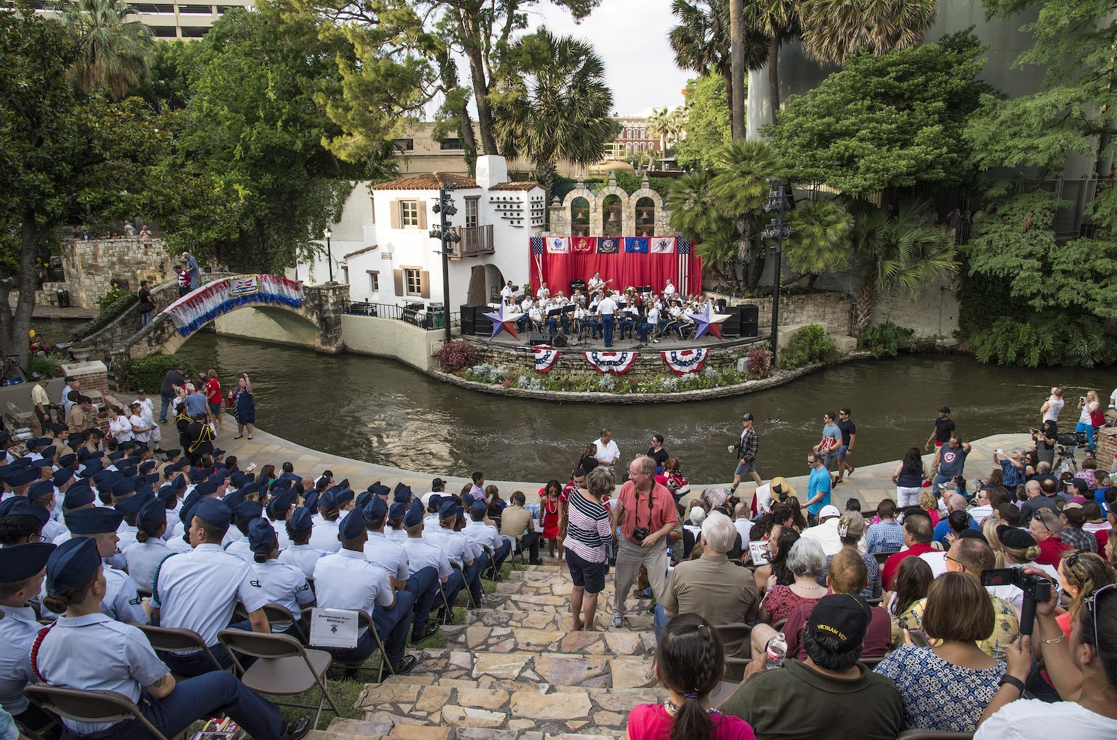 The U.S. Army North’s 323rd Army Band, “Fort Sam’s Own,” performed during the Armed Forces River Parade May 21 at the San Antonio Riverwalk.