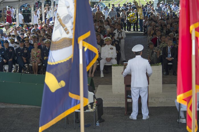 160531-N-UG232-282 Honolulu, Hawaii (May 31, 2016) Adm. Harry Harris, Commander of U.S. Pacific Command, speaks during the Honolulu Mayor's Memorial Day Ceremony at the National Memorial Cemetery of the Pacific. U.S. Pacific Command's mission is to enhance stability in the Indo-Asia-Pacific by promoting security cooperation and deterring aggression.
