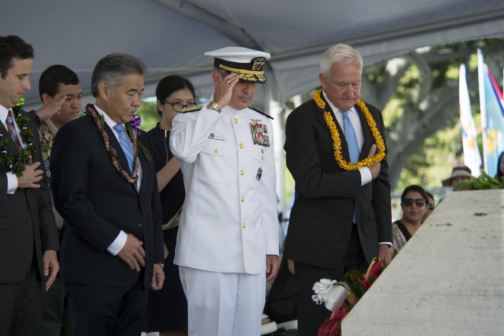 160531-N-UG232-345 Honolulu, Hawaii (May 31, 2016) Adm. Harry Harris, Commander of U.S. Pacific Command, salutes after laying a wreath during the Honolulu Mayor's Memorial Day Ceremony at the National Memorial Cemetery of the Pacific. U.S. Pacific Command's mission is to enhance stability in the Indo-Asia-Pacific by promoting security cooperation and deterring aggression.