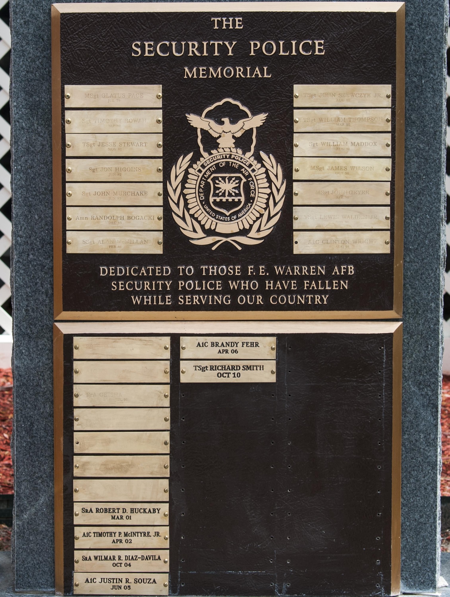 A memorial to security forces Airmen from the 90th Security Forces Group who have died in the line of duty, sits outside the SFG building on F.E. Warren Air Force Base, Wyo., May 30, 2016. The memorial had fallen into a state of tarnish and disrepair, and the 790th Missile Security Forces Squadron took charge of cleaning it up. (U.S. Air Force photo by Senior Airman Jason Wiese)