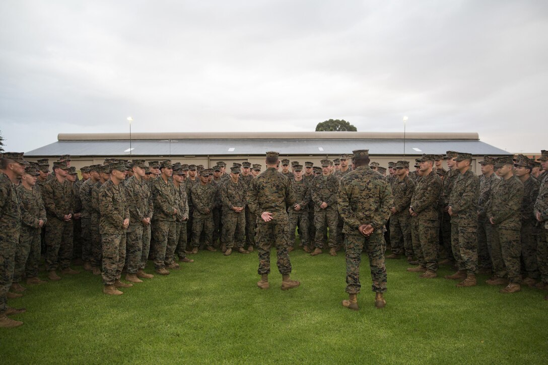 Maj. Christopher W. Simpson, Company C Commander, reminds his Marines and sailors about the importance of Memorial Day at Hampstead Barracks, South Australia, Australia, May 30, 2016. To commemorate fallen brothers, a list of 47 Company C Marines who were killed in action during World War II, Korean War and the Vietnam War was read aloud. Simpson is with 1st Battalion, 1st marine Regiment, Marine Rotational Force - Darwin.