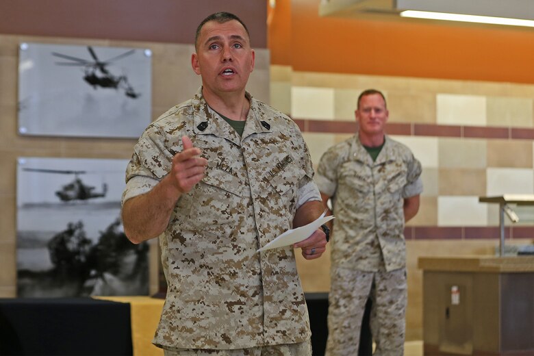 Sgt. Maj. Julio Meza, sergeant major, Marine Corps Installations - West, Marine Corps Base Camp Pendleton, speaks during a ceremony naming Camp Pendleton’s 31 Area Edson Range Mess Hall the Maj. Gen. William Pendleton Thompson Hill Award winners for best full food service mess hall in the Marine Corps, May 31. 

The W.P.T. Hill Award was established in 1985 to improve food service operation and recognize the best messes in the Marine Corps.  