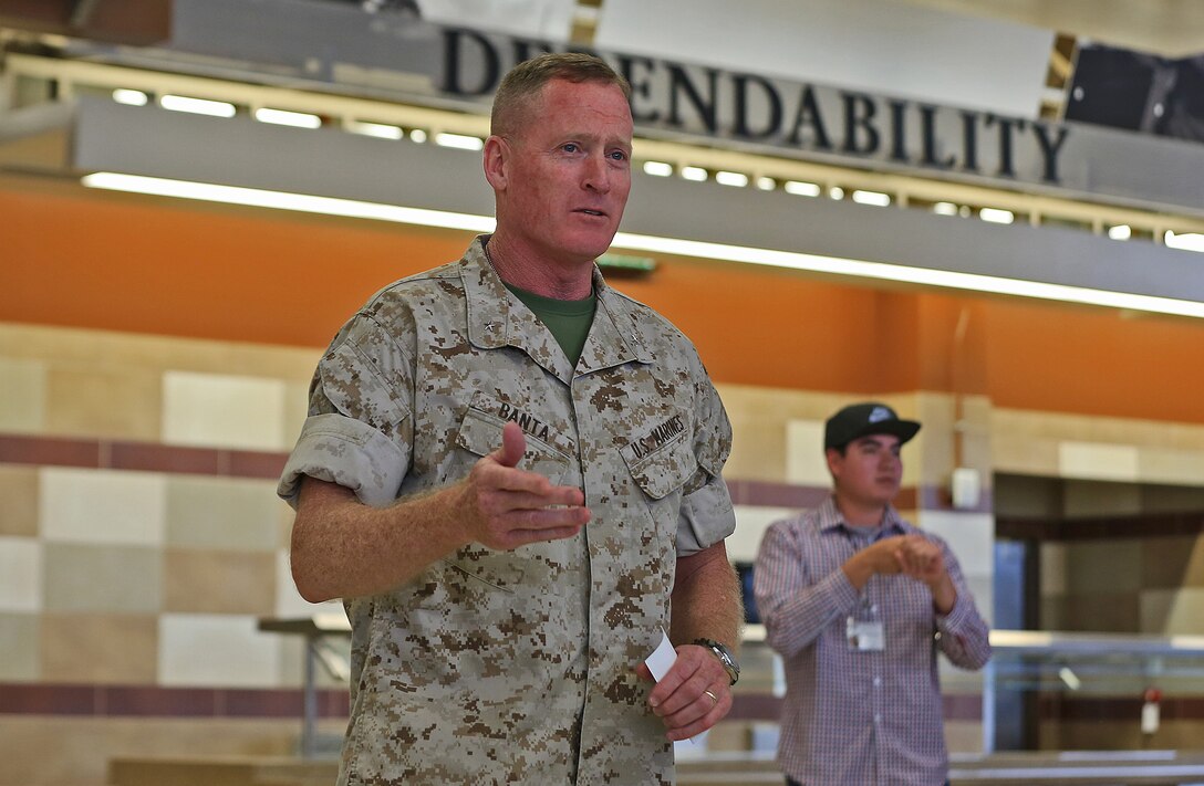 Brig. Gen. Edward D. Banta, Commanding General, Marine Corps Installations-West, Marine Corps Base Camp Pendleton, speaks during a ceremony naming Camp Pendleton’s 31 Area Edson Range Mess Hall the Maj. Gen. William Pendleton Thompson Hill Award winners for best full food service mess hall in the Marine Corps, May 31. The W.P.T. Hill Award was established in 1985 to improve food service operation and recognize the best messes in the Marine Corps.  