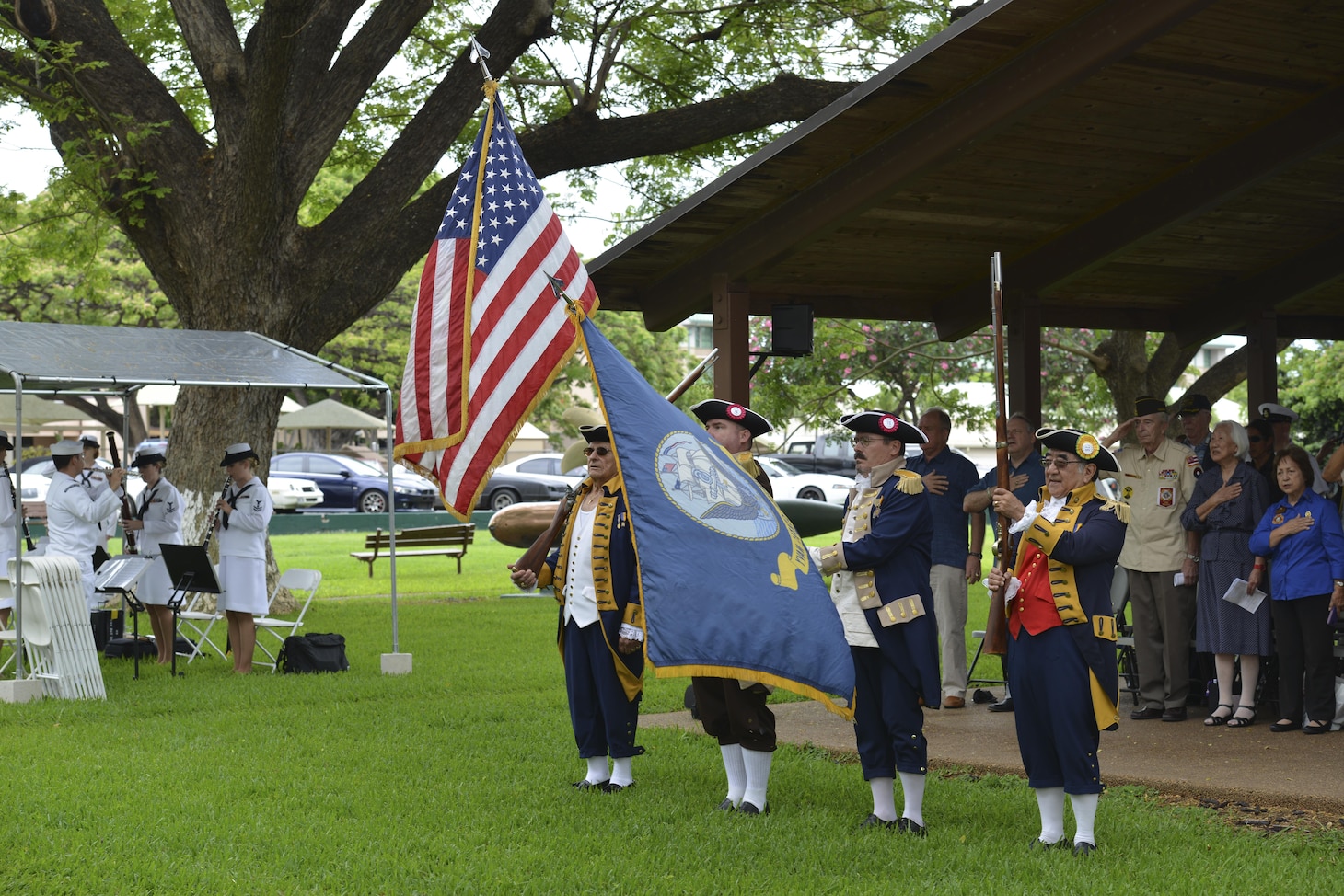 160530-N-LY160-729 
JOINT BASE PEARL HARBOR-HICKAM, Hawaii (May 30, 2016) – Members from National Sojourners parade the colors during the Memorial Day ceremony at the USS Parche Submarine Park and Memorial at Joint Base Pearl Harbor-Hickam. The service honored past submariners and paid tribute to the 65 U.S. submarines lost since 1915, with 52 lost during World War II alone. (U.S. Navy photo by Mass Communication Specialist 2nd Class Michael H. Lee)