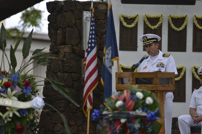 160530-N-LY160-895
JOINT BASE PEARL HARBOR-HICKAM, Hawaii (May 30, 2016) – Captain Craig Blakely, commander of Submarine Squadron 7 based at the historic submarine piers of Pearl Harbor, addresses Memorial Day guests at the USS Parche Submarine Park and Memorial at Joint Base Pearl Harbor-Hickam. The service honored past submariners and paid tribute to the 65 U.S. submarines lost since 1915, with 52 lost during World War II alone. (U.S. Navy photo by Mass Communication Specialist 2nd Class Michael H. Lee)