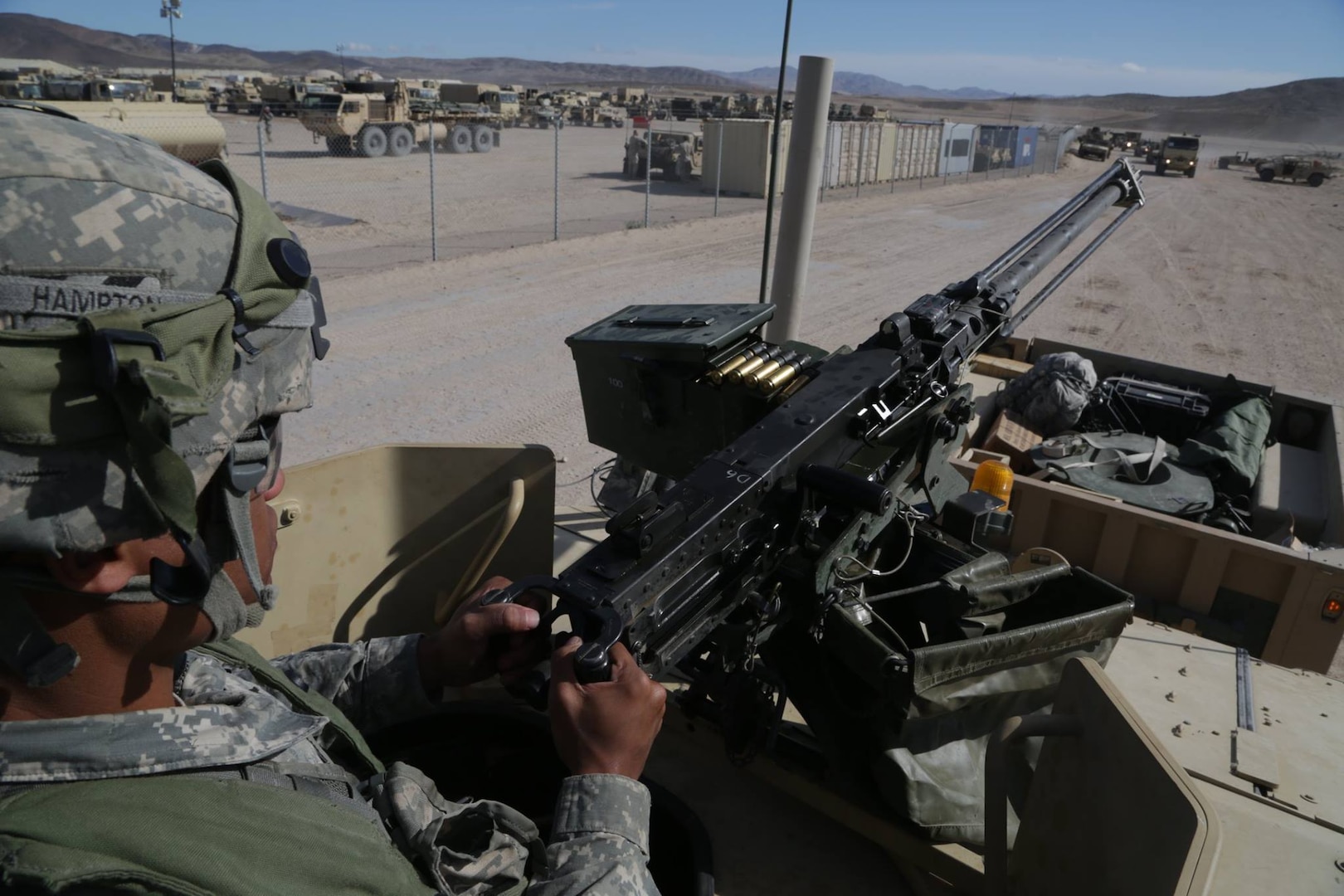 A Soldier with 1-2 Stryker Brigade Combat Team acts as a guard during Decisive Action Rotation 16-06 at the National Training Center in Fort Irwin, Calif., May 6, 2016. The training focused on the 1-2 SBCT combating a near-peer enemy and smaller militant groups in a foreign country. (U.S. Army photo by Pfc. Dedrick Johnson, Operations Group, National Training Center)