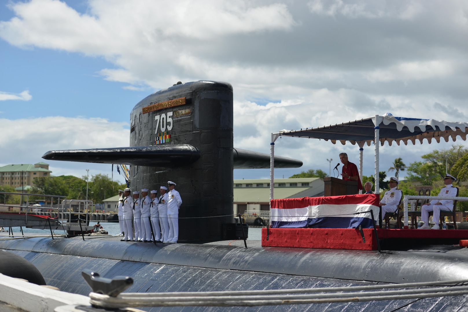 160530-N-LY160-181 JOINT BASE PEARL HARBOR-HICKAM, Hawaii (May 30, 2016) Mark Scott, a city councilman of Corpus Christi, Texas, addresses Memorial Day guests at the Los Angeles-class fast-attack submarine USS City of Corpus Christi (SSN 705) decommissioning ceremony at Joint Base Pearl Harbor-Hickam. City of Corpus Christi concluded 33 years of service as the second U.S. warship to be named after Corpus Christi, Texas. (U.S. Navy photo by Mass Communication Specialist 2nd Class Michael H. Lee)