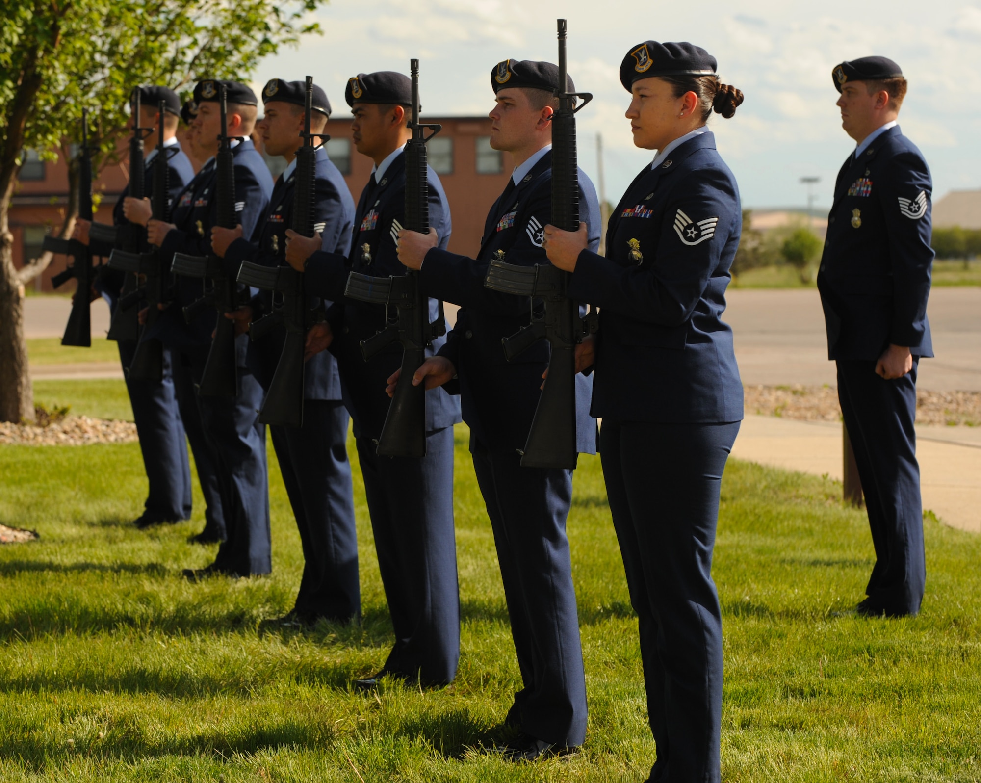 Airmen from the 28th Security Forces Squadron form a rifle team during a special retreat ceremony as part of a National Police Week at Ellsworth Air Force Base, S.D., May 19, 2016. The retreat ceremony was done to honor Air Force security forces members and South Dakota law enforcement personnel who gave their lives in the line of duty. (U.S. Air Force photo by Airman 1st Class Denise M. Nevins/Released)