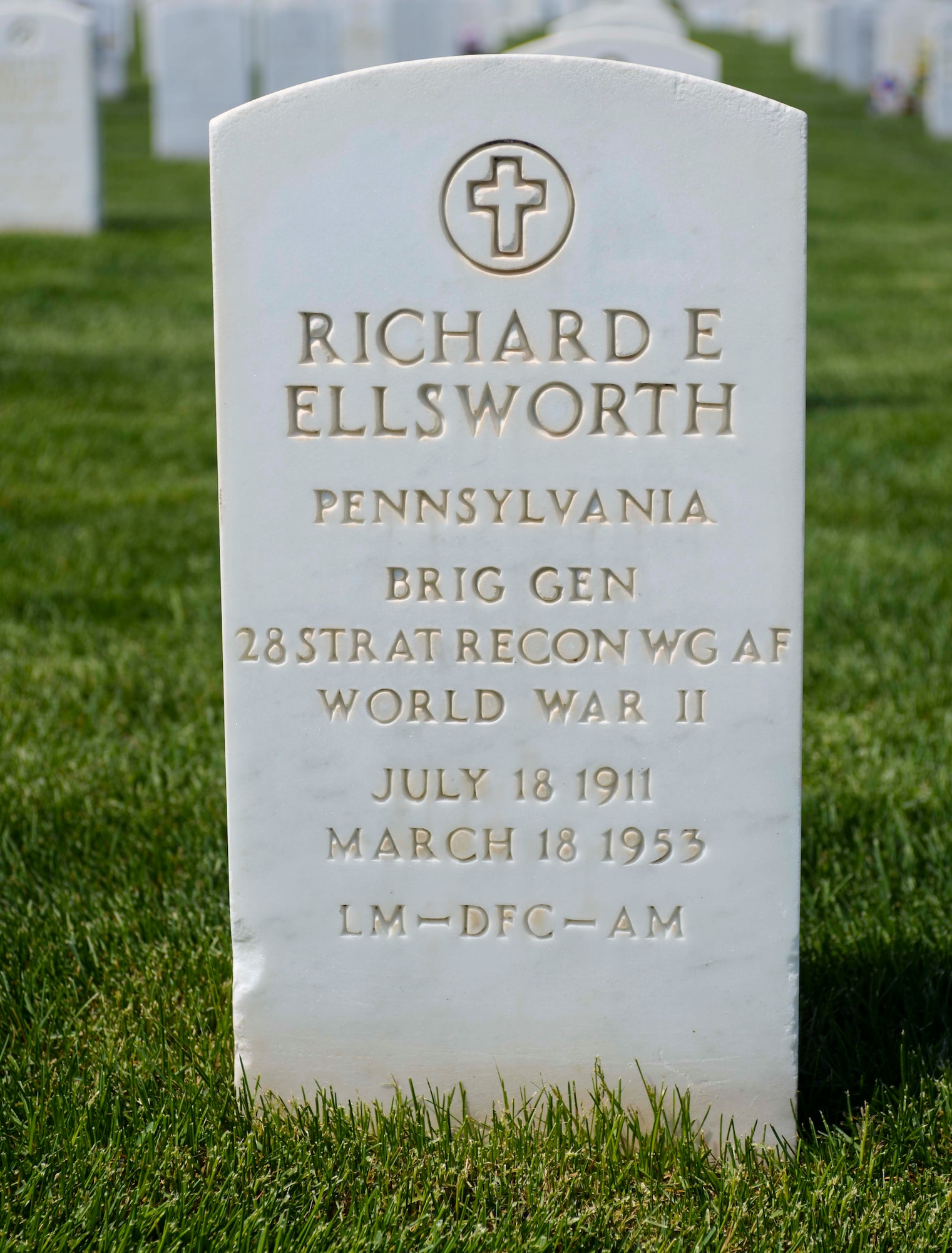 The grave of Brig. Gen. Richard E. Ellsworth, 28th Strategic Reconnaissance Wing World War II veteran, is located at the Black Hills National Cemetery in Sturgis, S.D., May 28, 2016. Ellsworth, former wing commander for whom Ellsworth Air Force Base is named, was 42 years old when he died in a Convair RB-36H Peacemaker bomber crash in Trinity Bay, Newfoundland, March 18, 1953. (U.S. Air Force photo by Airman 1st Class Sadie Colbert/Released)