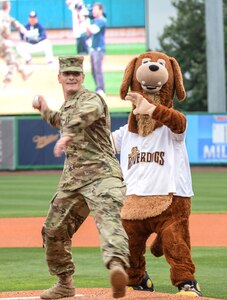 Lt. Col. Matthew Luzzatto, U.S. Army Corps of Engineers, Charleston District commander, throws the ceremonial first pitch during Military Appreciation Night, May 19, 2016 at Joseph P. Riley Jr. ballpark in Charleston, S.C. The Charleston RiverDogs hosted Military Appreciation Night to show their support for the local military. (U.S. Air Force photo/ Airman 1st Class Haleigh Laverty)