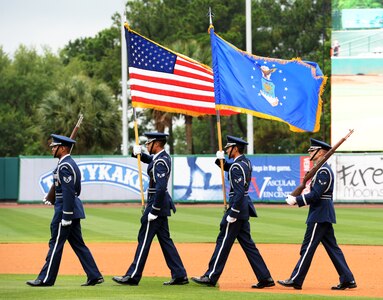 Joint Base Charleston Honor Guard posts the colors for Military Appreciation Night, May 19, 2016 at Joseph P. Riley Jr. ballpark in Charleston, S.C. The Charleston RiverDogs hosted Military Appreciation Night to show their support for the local military. (U.S. Air Force photo/ Airman 1st Class Haleigh Laverty)