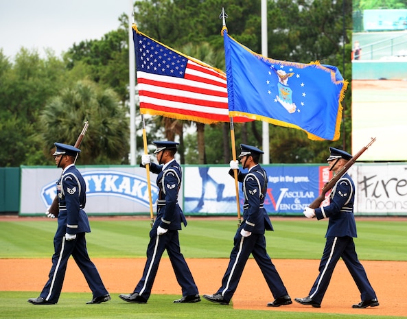 Joint Base Charleston Honor Guard posts the colors for Military Appreciation Night, May 19, 2016 at Joseph P. Riley Jr. ballpark in Charleston, S.C. The Charleston RiverDogs hosted Military Appreciation Night to show their support for the local military. (U.S. Air Force photo/ Airman 1st Class Haleigh Laverty)