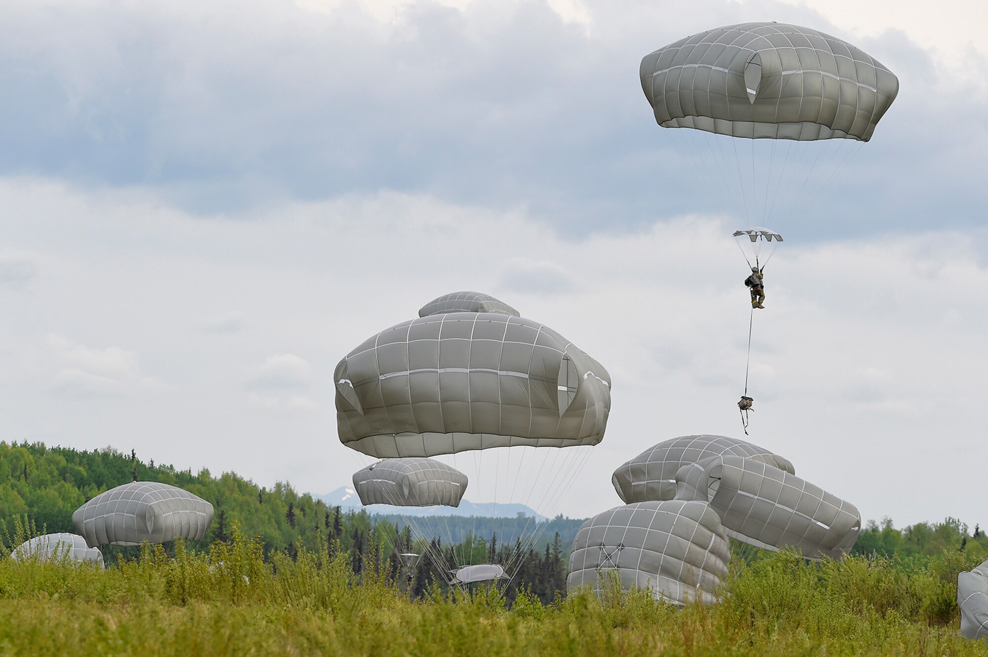 U.S. Army paratroopers assigned to the 1st Battalion, 501st Parachute Infantry Regiment, 4th Infantry Brigade Combat Team (Airborne), 25th Infantry Division, descend onto Malemute drop zone during joint airborne and air transportability training (JAATT) at Joint Base Elmendorf-Richardson, Alaska, May 19, 2016. JAATT familiarizes units with establishing drop zones and airfields, as well as proper communication with aircraft supporting resupply missions. The Soldiers of 4/25 IBCT belong to the only American airborne brigade in the Pacific and are trained to execute airborne maneuvers in extreme cold weather/high altitude environments in support of combat, partnership and disaster relief operations. (U.S. Air Force photo by Alejandro Pena)