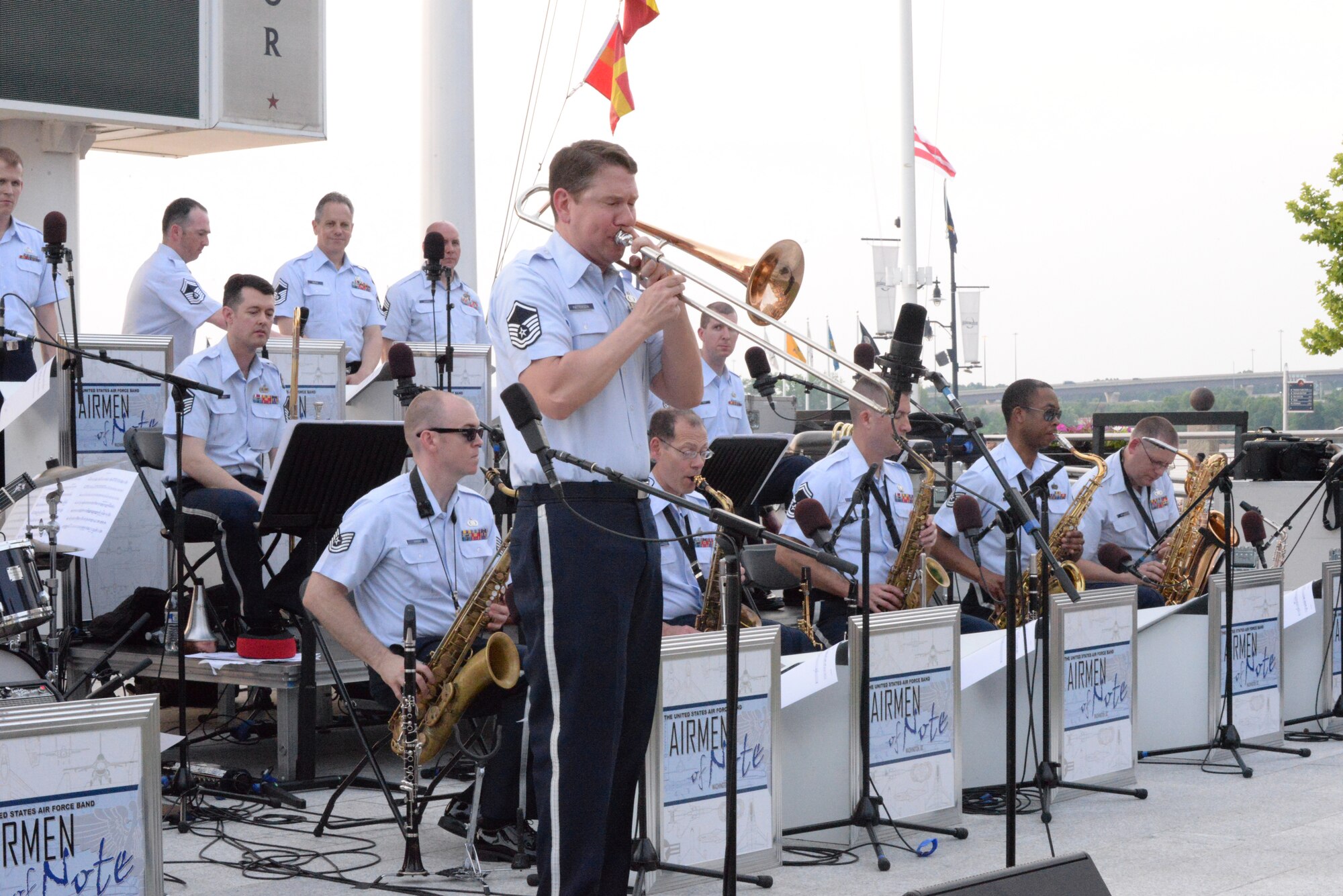 Airmen of Note trombonist Master Sgt. Benjamin Patterson performs during the U.S. Air Force Band’s summer concert series kick off at National Harbor, Md. May 27, 2016. The Airmen of Note is the premier jazz ensemble of the United States Air Force. Stationed at Joint Base Anacostia-Bolling in Washington, D.C., it is one of six musical ensembles that comprise The U.S. Air Force Band. (U.S. Air Force photo/Courtesy)