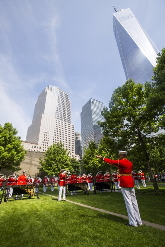 The Commandant's Own performs at the 9/11 Memorial in New York, May 29, 2016. U.S. Marines, sailors and Coast Guardsmen are in New York to interact with the public, demonstrate capabilities and teach the people of New York about America's sea services. (U.S. Marine Corps Photo by Sgt. Rebecca L. Floto, 2D MARDIV Combat Camera/Released)