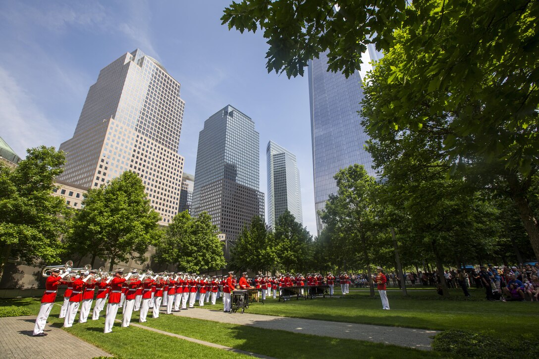 The Commandant's Own performs at the 9/11 Memorial in New York, May 29, 2016. U.S. Marines, sailors and Coast Guardsmen are in New York to interact with the public, demonstrate capabilities and teach the people of New York about America's sea services. (U.S. Marine Corps Photo by Sgt. Rebecca L. Floto, 2D MARDIV Combat Camera/Released)