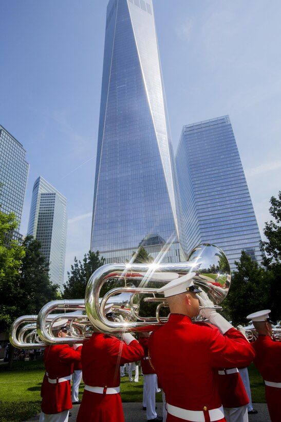 The Commandant's Own performs at the 9/11 Memorial in New York, May 29, 2016. U.S. Marines, sailors and Coast Guardsmen are in New York to interact with the public, demonstrate capabilities and teach the people of New York about America's sea services. (U.S. Marine Corps Photo by Sgt. Rebecca L. Floto, 2D MARDIV Combat Camera/Released)