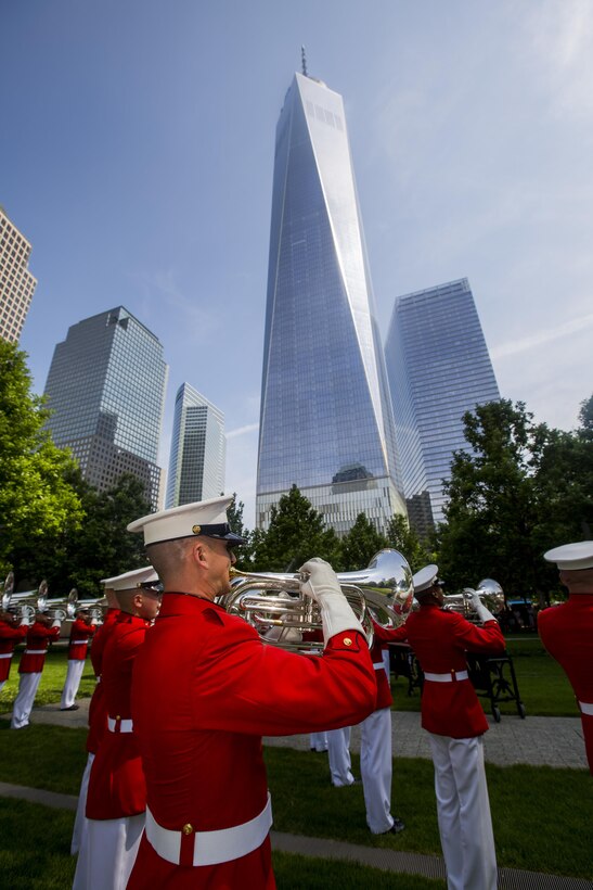 The Commandant's Own performs at the 9/11 Memorial in New York, May 29, 2016. U.S. Marines, sailors and Coast Guardsmen are in New York to interact with the public, demonstrate capabilities and teach the people of New York about America's sea services. (U.S. Marine Corps Photo by Sgt. Rebecca L. Floto, 2D MARDIV Combat Camera/Released)