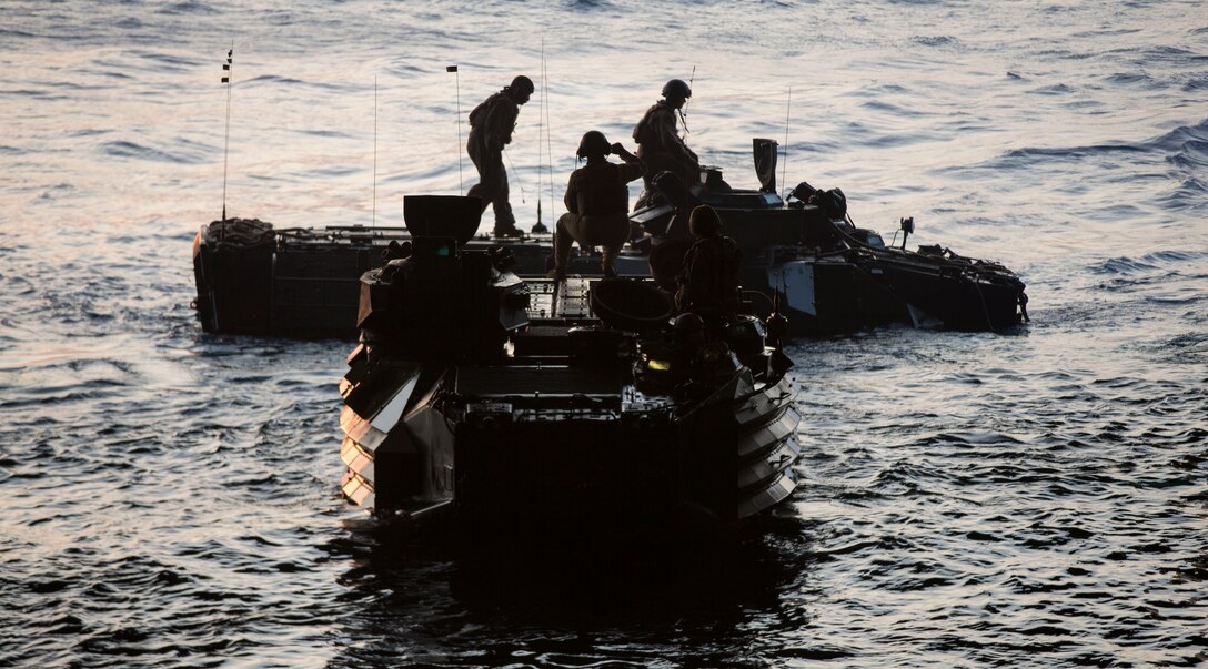 Marines with Combat Assault Battalion, 3rd Marine Division embark amphibious assault vehicles (AAV) onboard the USS Green Bay (LPD 20) during Blue Chromite 2017 in the waters of Okinawa, Japan, October 29, 2016. Blue Chromite is a U.S. –only exercise which strengthens the Navy-Marine Corps expeditionary, amphibious rapid-response capabilities based in Okinawa and the greater Indo-Asia-Pacific region. (U.S. Marine Corps imagery by MCIPAC Cameraman Lance Cpl. Jesus McCloud/Released)
