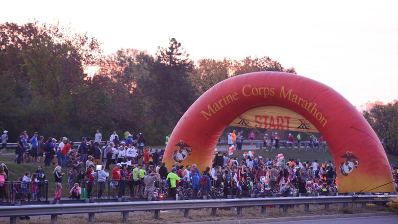 More than 30,000 participants, volunteers, and spectators prepare for the start of the 41st Marine Corps Marathon in Arlington, Virginia, Oct. 30, 2016.