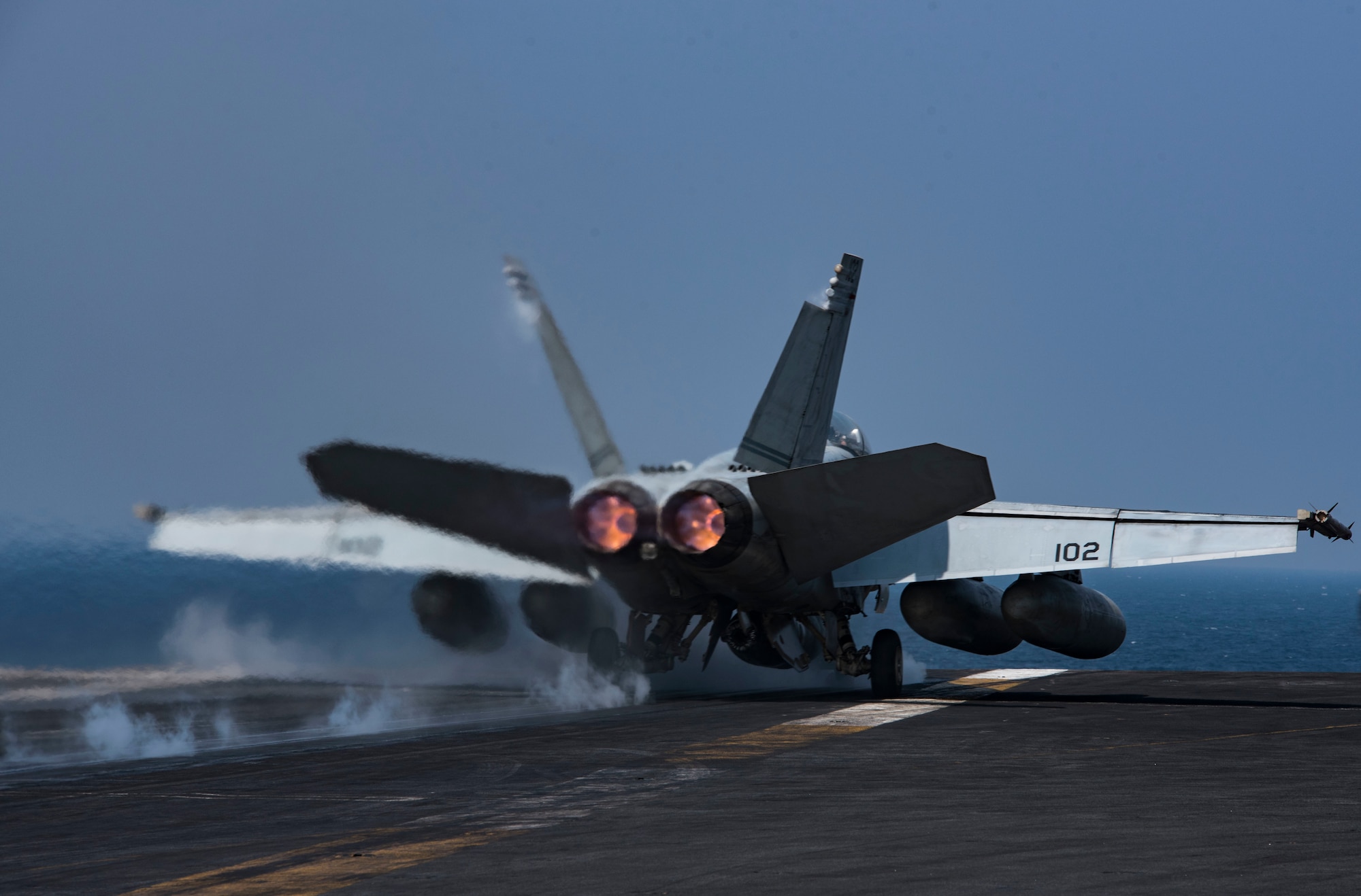 An F/A-18F Super Hornet, assigned to Strike Fighter Squadron (VFA) 32, launches from the flight deck of the aircraft carrier USS Dwight D. Eisenhower (CVN 69) (Ike). Ike and its carrier strike group are deployed in support of Operation Inherent Resolve, maritime security operations and theater security cooperation efforts in the U.S. 5th Fleet area of operations. (U.S. Navy photo/Petty Officer 3rd Class Nathan T. Beard)