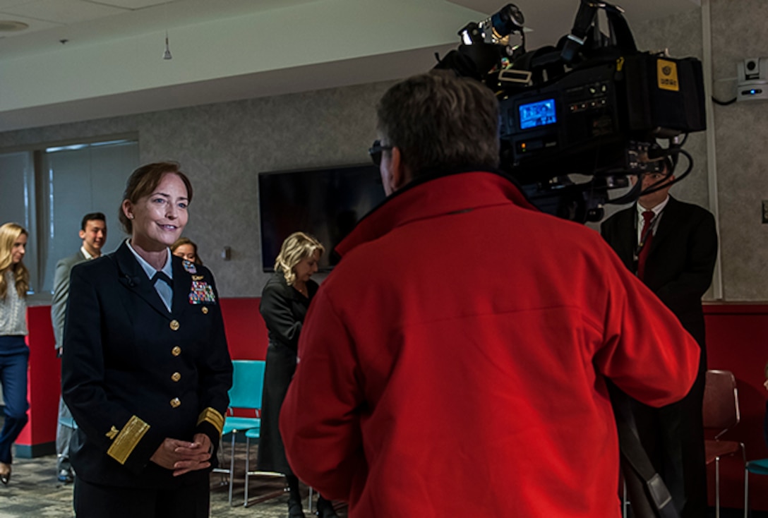 Rear Adm. Michelle Skubic, commander, DLA Land and Maritime, talks to media after her change of command ceremony Oct. 31 in the Land and Maritime Operations Center. 