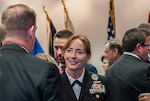 Rear Adm. Michelle Skubic, commander, DLA Land and Maritime, talks to guests after a change of command ceremony Oct. 31. Skubic arrives after serving in the U.S. Pacific Fleet as director, logistics, Fleet Supply and Ordnance.