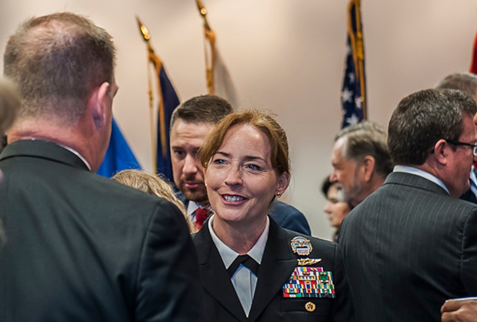 Rear Adm. Michelle Skubic, commander, DLA Land and Maritime, talks to guests after a change of command ceremony Oct. 31. Skubic arrives after serving in the U.S. Pacific Fleet as director, logistics, Fleet Supply and Ordnance.