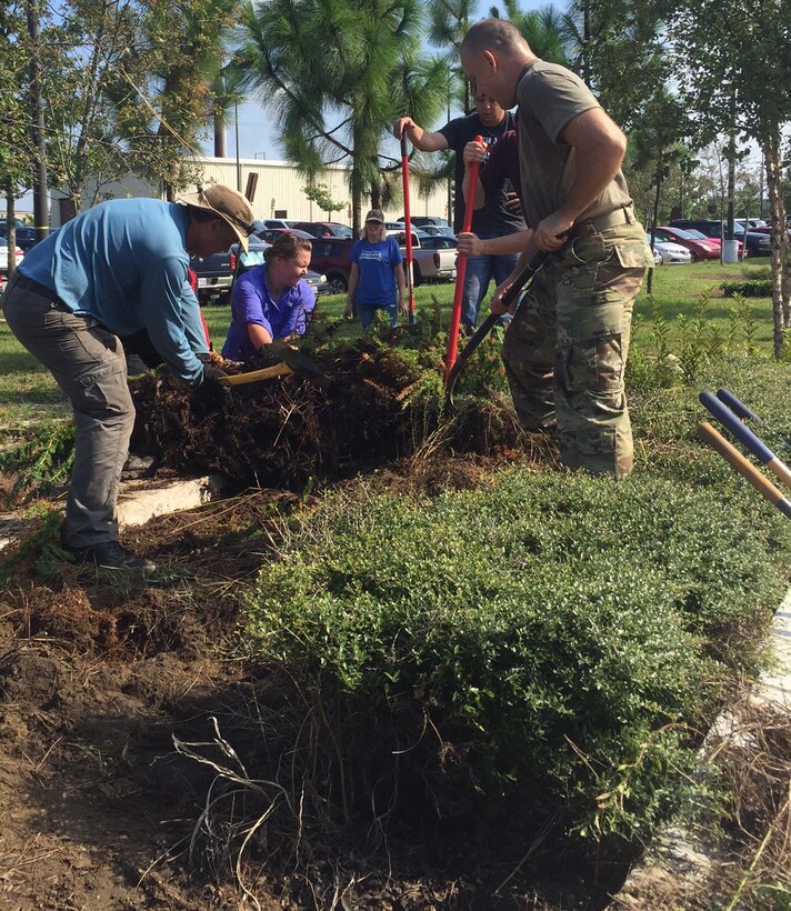 (Left to Right) Lance Van Wormer, Heather Brown, Christy Stoots, Eric Torres, Marcus De La Rosa and Sgt. Maj. James Stoots remove invasive hedges from the pollinator gardens at U.S. Army Reserve Command on National Public Lands Day. (Photo by Jonelle Kimbrough)