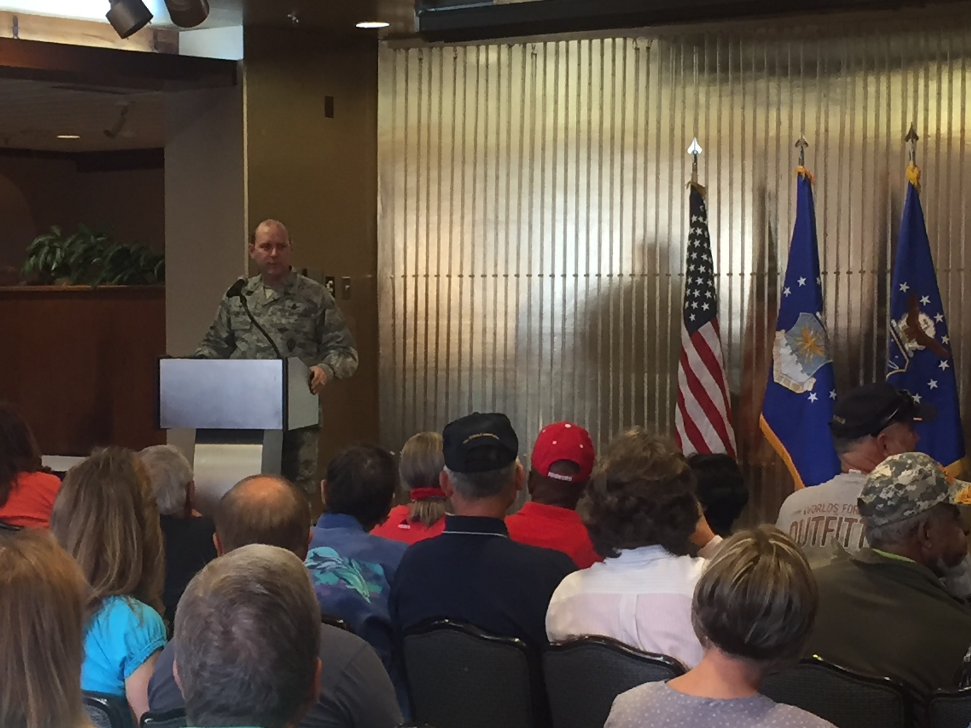 Col. Doug Schiess, 21st Space Wing commander, welcomes the initial group of more than 700 military retirees to this year's Southern Colorado Retiree Information Day at Peterson air Force Base, Oct. 29. Retirees took time out to learn more about the issues and opportunities affecting them through on and off base providers and services. (Courtesy photo)


