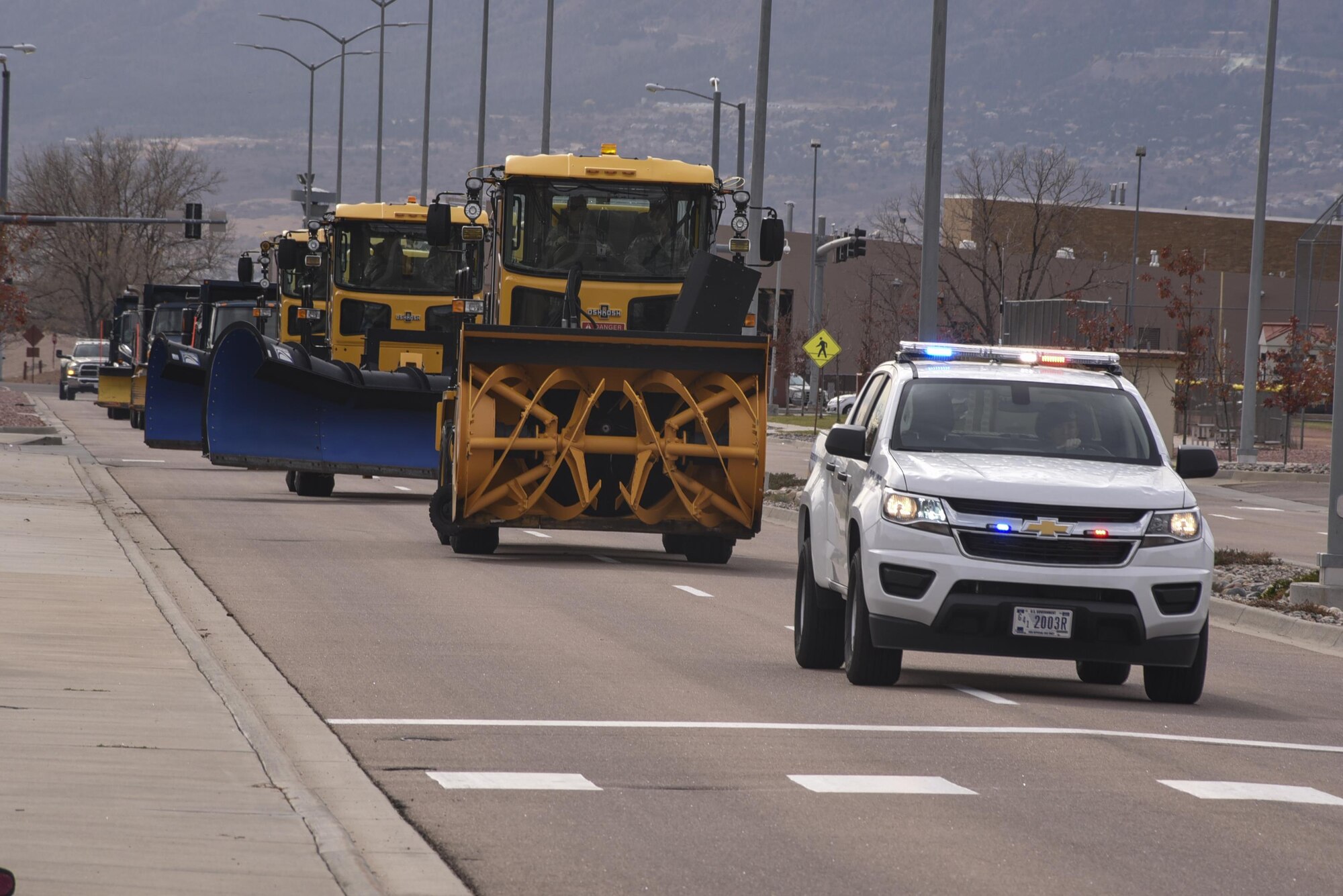 The annual snow parade travels through Peterson Air Force Base, Colo., Oct. 28, 2016. The parade brought awareness to Airmen and their families that winter is on its way and potential hazardous road conditions are to soon follow. (U.S. Air Force photo by Philip Carter) 