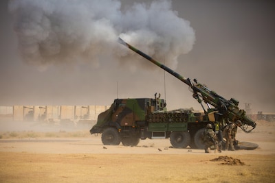 French soldiers conduct a fire mission at Qayyarah West, Iraq, in support of the Iraqi security forces’ advance toward Mosul, Oct. 17, 2016. The support provided by the Caesar truck- mounted artillery system teams denies the Islamic State of Iraq and the Levant (ISIL) safe havens while providing the ISF with vital artillery capabilities during their advance. The United States stands with a Coalition of more than 60 international partners to assist and support the Iraqi security forces to degrade and defeat ISIL.  (U.S. Army photo by Spc. Christopher Brecht)