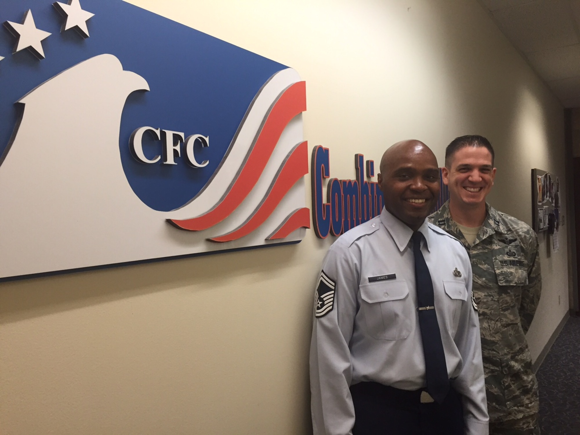 Senior Master Sgt. Reggie James (left), director of Staff Office, Air Force Life Cycle Management Center, and Capt. Ross Hansen, deputy chief, Aircraft Operations, Headquarters Air Force Materiel Command, are this year’s loaned executives for the 2016 Miami Valley Combined Federal Campaign at Wright-Patterson Air Force Base. (Skywrighter photo/Amy Rollins) 