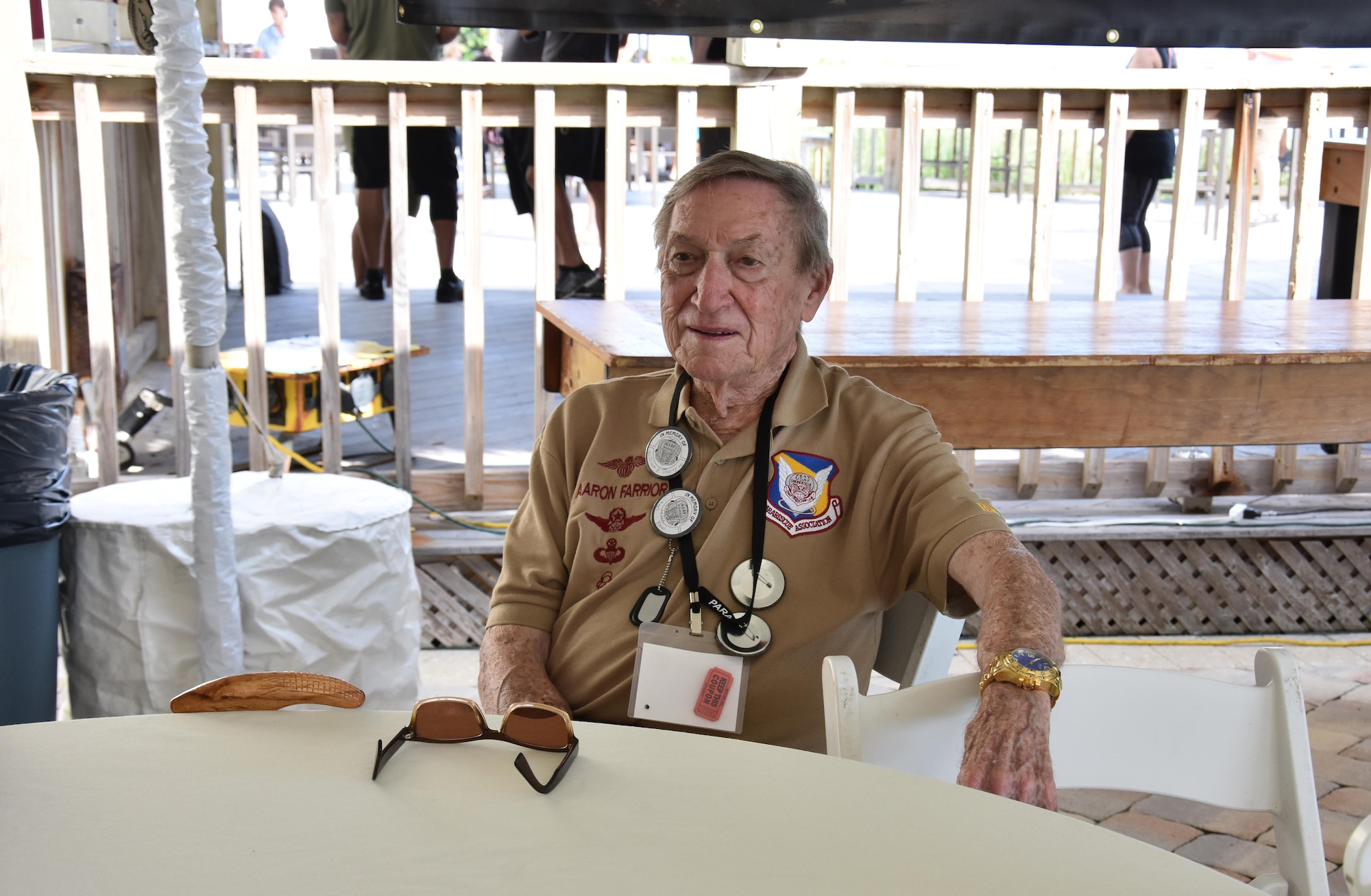 Aaron Farrior, former pararesuceman who served during the Vietnam War, takes a seat during the 2016 Pararescue Reunion in Melbourne, Florida, September 22, 2016. Farrior is the recipient of a Sliver Star and four Distinguished Flying Crosses for his actions and service during the Vietnam War. (U.S. Air Force photo/ Staff Sgt. Dana White) 