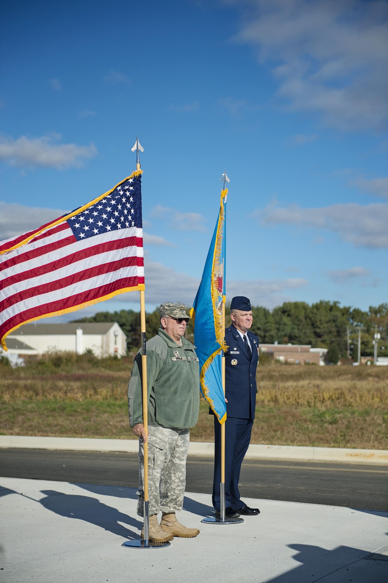 Col. Scott "Bull" Durham, 512th Airlift Wing commander, gives remarks at a POW/MIA sign unveiling ceremony to recognize members of the military from past conflicts who have not made it home yet. The 35-minute ceremony revealed the formerly known West Dover Connector’s path for motorists, pedestrians and bicyclists traveling from U.S. 13 in south Dover to Del. 15 on the city’s western side near the Eden Hill Commercial Center. (U.S. Air Force photo/Capt. Bernie Kale)