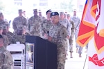 U.S. Army South Headquarters and Headquarters Battalion senior enlisted leader, Command Sgt. Maj. Jon Williams speaks to troops during the Oct. 20 triple-company change of responsibility ceremony near the Army South headquarters at Joint Base San Antonio-Fort Sam Houston.