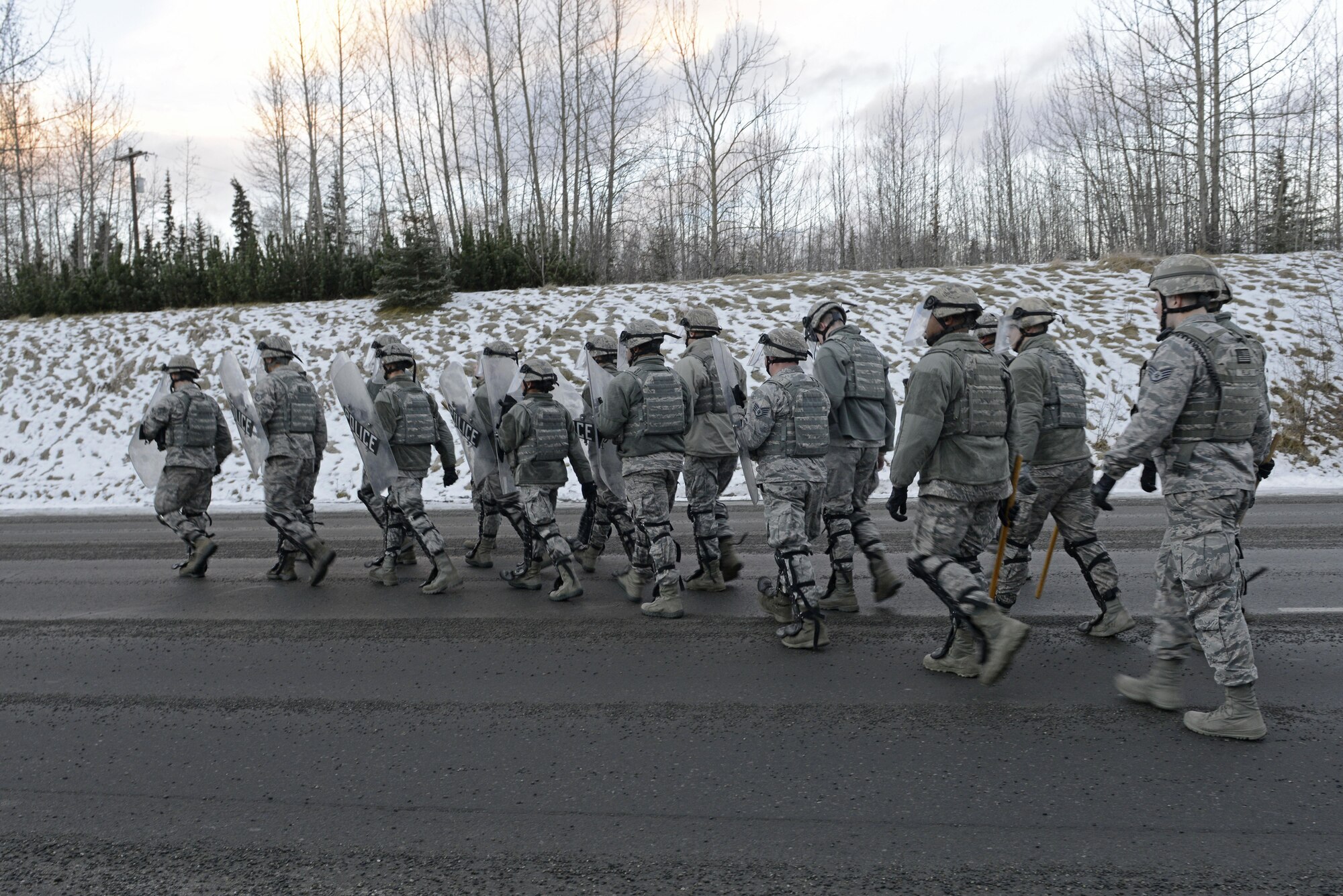 Joint Base Elmendorf-Richardson security forces personnel perform security operations during a simulated protest as part of exercise Polar Force 17-1 at JBER, Alaska, Nov. 1, 2016. The simulated protest began as a peaceful demonstration which escalated, resulting in a few aggressive protesters being detained and turned over to local law enforcement. The exercise tests the base's ability to integrate, mobilize, and prepare assigned personnel, aircraft and equipment for a wartime mission and to employ forces and weapons systems. 