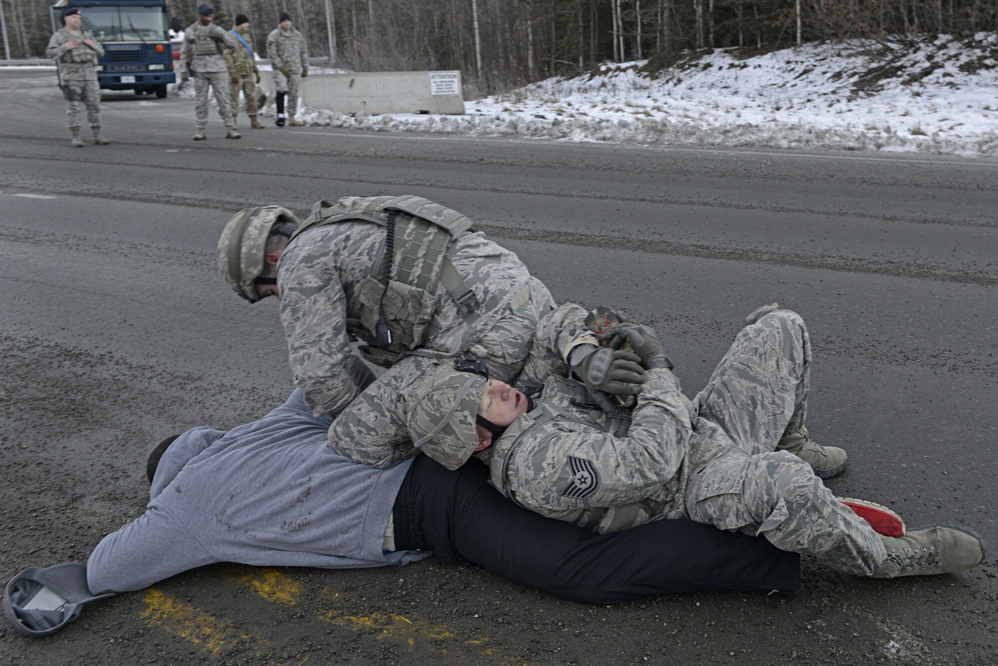 Joint Base Elmendorf-Richardson security forces personnel perform security operations during a simulated protest as part of exercise Polar Force 17-1 at JBER, Alaska, Nov. 1, 2016. The simulated protest began as a peaceful demonstration which escalated, resulting in a few aggressive protesters being detained and turned over to local law enforcement. The exercise tests the base's ability to integrate, mobilize, and prepare assigned personnel, aircraft and equipment for a wartime mission and to employ forces and weapons systems. 