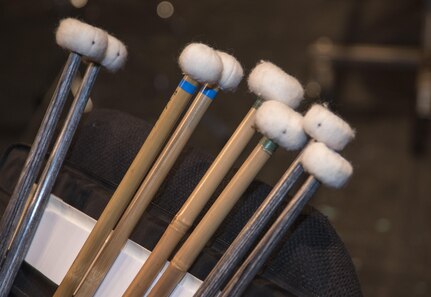 U.S. Air Force Band drum mallets rest on a stand before a Fall 2016 Tour performance in Midland, Pa., Oct. 28, 2016. During tours, the band’s equipment is driven from city-to-city by logistics readiness vehicle operations Airmen. (U.S. Air Force photo by Senior Airman Jordyn Fetter)