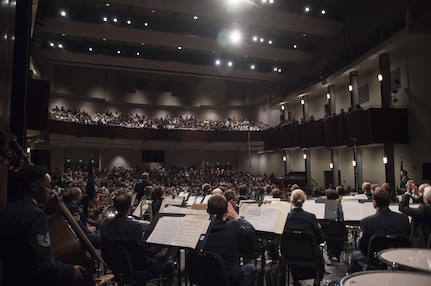 The U.S. Air Force Band plays for an audience during their Fall 2016 Tour in Midland, Pa., Oct. 28, 2016. In addition to their biannual tours, the band performs for national television broadcasts and online videos, conducts annual holiday flash mobs and participates in musical education events for students. (U.S. Air Force photo by Senior Airman Jordyn Fetter)