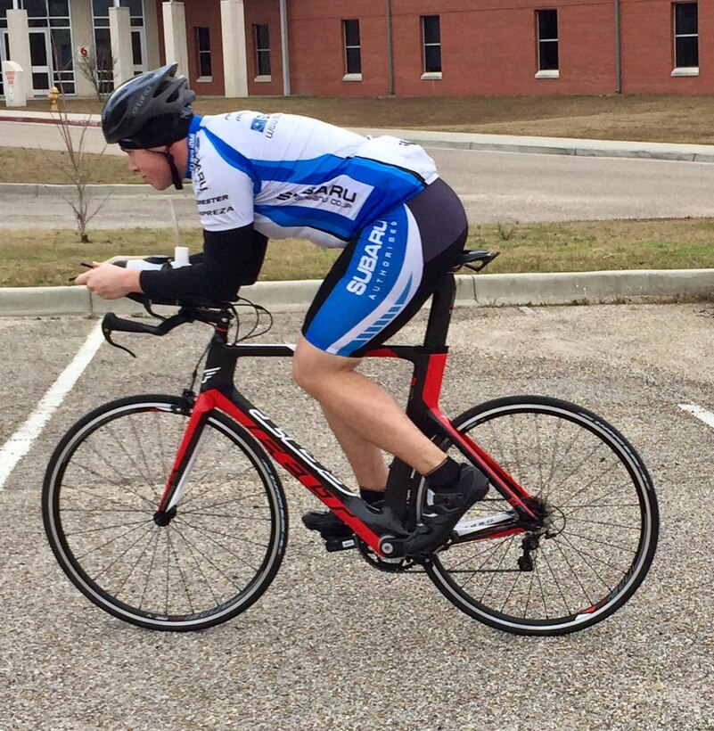 U.S. Air Force Staff Sgt. Jason Parker, 325th Aerospace Medical Squadron medical service craftsman, trains for the Traditions Triathlon hosted in Gulfport, Miss., Jan. 11, 2015. After completing his first triathlon in 2013, Parker has since found the correlation between the training and participating in the events and the strengthening of his Four Pillars of Comprehensive Airman Fitness. (Courtesy photo)
